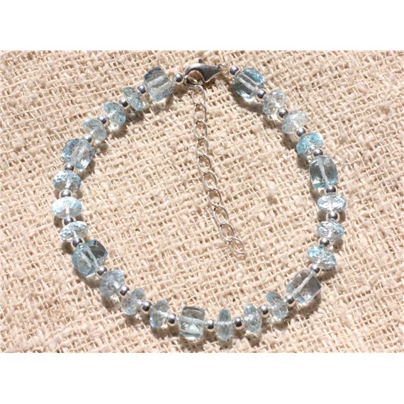 Bracelet Argent 925 et Pierre - Topaze Bleue Rondelles et Cubes Facettés 6mm 