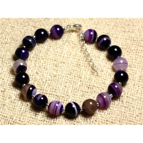 Bracelet Argent 925 et Pierre semi précieuse - Agate Violette 8mm