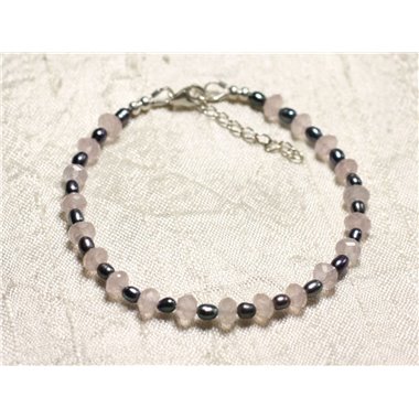 Bracelet Argent 925 Pierre Quartz rose et perles de culture noires 3-5mm