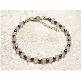 Bracelet Argent 925 Pierre Quartz rose et perles de culture noires 3-5mm 