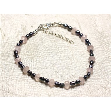 Bracelet Argent 925 Pierre Quartz rose et perles de culture noires 3-5mm 2