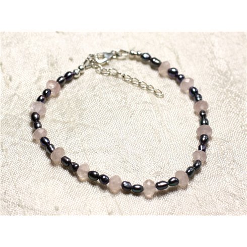 Bracelet Argent 925 Pierre Quartz rose et perles de culture noires 3-5mm 