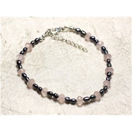 Bracelet Argent 925 Pierre Quartz rose et perles de culture noires 3-5mm 