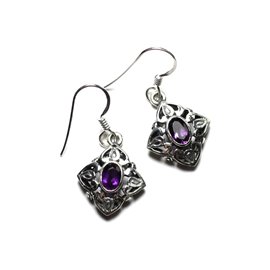 BO235 - Earrings Silver 925 and Stone - Diamonds Filigree Arabesques 16mm Amethyst 