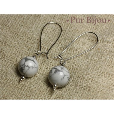 Boucles d'Oreilles Pierre Semi précieuse - Howlite 14mm