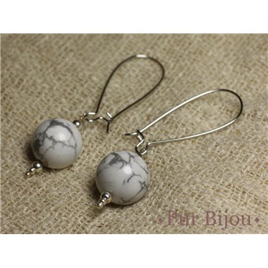 Boucles d'Oreilles Pierre Semi précieuse - Howlite 14mm