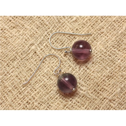 Boucles d'Oreilles Argent 925 et Pierre - Fluorite Violette 10mm