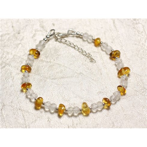 Bracelet Argent 925 Pierre Cristal Quartz et Ambre naturelle 5-6mm 