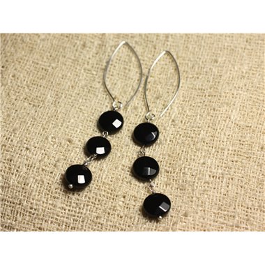 Boucles d'Oreilles Argent 925 Crochets 40mm - Onyx Noir Palets facettés 10mm 