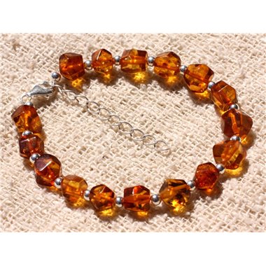 Bracelet Argent 925 et Ambre Baltique - Cognac Cubes Facettés 7-8mm 