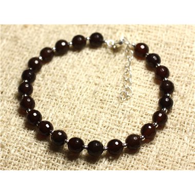 Bracelet Argent 925 et Pierre - Agate Marron Facettée 6mm