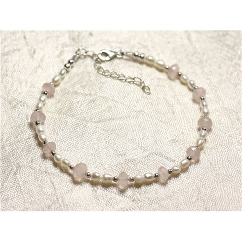 Bracelet Argent 925 Pierre Quartz rose et perles de culture blanches 3-5mm 