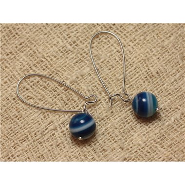 Boucles d'Oreilles Agate Bleue et longs crochets Argentés 