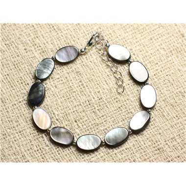 Bracelet Argent 925 et Coquillage Nacre Ovales 14x10mm blanc gris noir reflets irisés