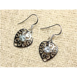 BO229 - Pendientes de Plata y Piedra 925 - Corazones Arabescos 15mm Topacio Azul 