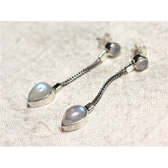 BO240 - Boucles d'Oreilles Argent 925 et Pierre de Lune Pendantes Chaîne 45mm 