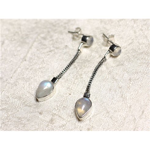 BO240 - Boucles d'Oreilles Argent 925 et Pierre de Lune Pendantes Chaîne 45mm 