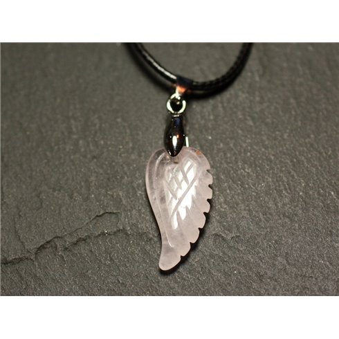 Collier Pendentif en Pierre - Aile gravée 24mm Quartz Rose 