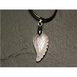 Stone Pendant Necklace - Engraved Wing 24mm Rose Quartz 