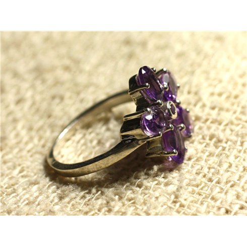 N113 - Bague Argent massif 925 et Pierre - Améthyste Facettée Fleur 15mm
