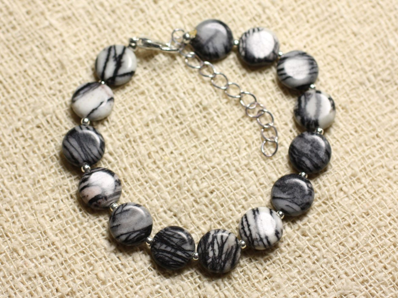 Bracelet Argent 925 et Pierre - Jaspe Zèbre Palets 10mm 