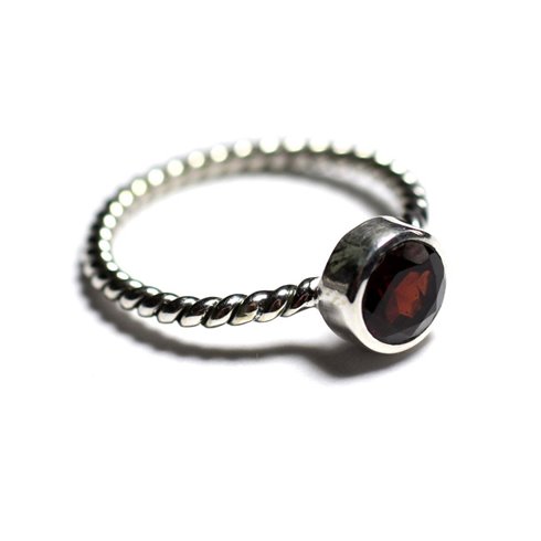 N231 - Bague Argent 925 et Pierre - Grenat 6mm Anneau torsade