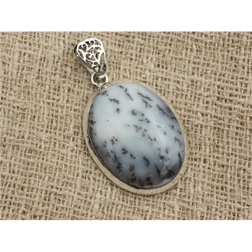 n9 - Pendentif Argent 925 et Agate Dendritique Ovale 33x24mm 