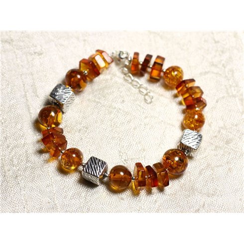 Bracelet Argent massif 925 et Ambre naturelle - Boules et rondelles 8-10mm 