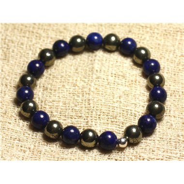 Bracelet Argent 925 et Perles de Pierre - Pyrite dorée et Lapis Lazuli 8mm 