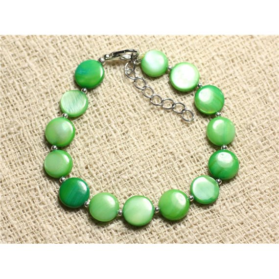 Bracelet Argent 925 et Nacre Palets 10mm Vert 