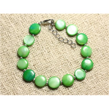 Bracelet Argent 925 et Nacre Palets 10mm Vert 