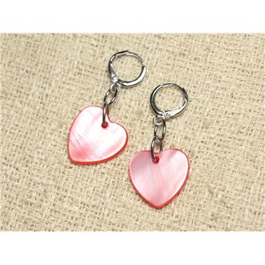 Boucles d'Oreilles Nacre Coeurs 18mm Rouge Rose 