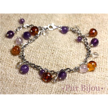 Bracelet Acier Argent 925 et Pierres semi précieuses - Ambre Améthyste Cristal Quartz 