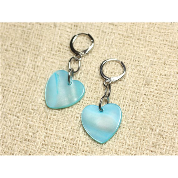 Boucles d'Oreilles Nacre Coeurs 18mm Bleu Turquoise 