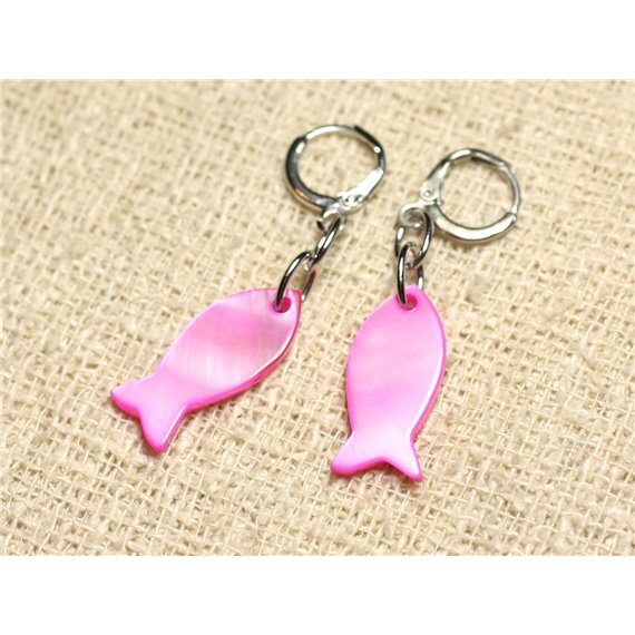 Boucles d'Oreilles Nacre Poissons 23mm Rose Fluo 