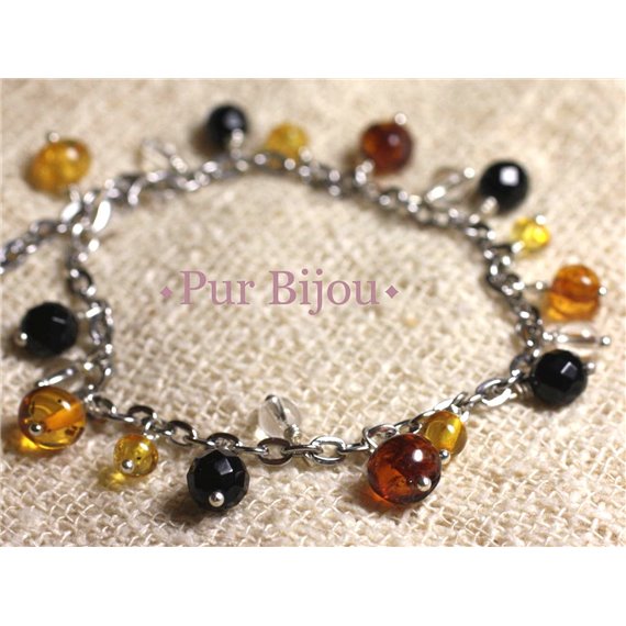 Bracelet Ambre et Pierres - Onyx - Cristal - Argent et Acier 