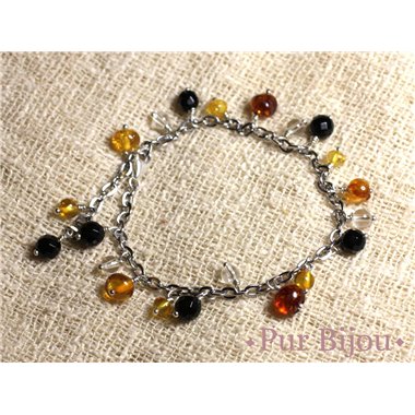 Bracelet Ambre et Pierres - Onyx - Cristal - Argent et Acier  2
