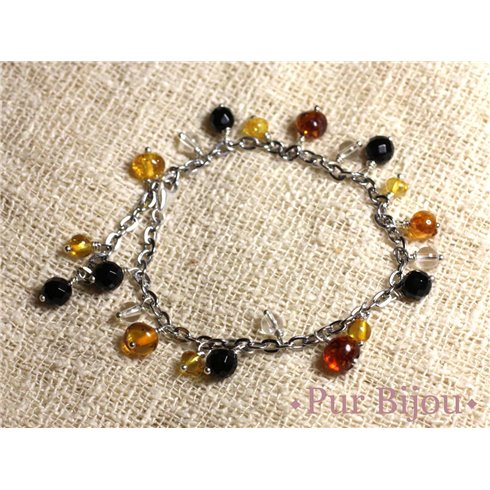 Bracelet Ambre et Pierres - Onyx - Cristal - Argent et Acier