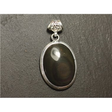 n60 - Pendentif Argent 925 et Pierre - Obsidienne Arc en Ciel Oeil Céleste Ovale 28x21mm 