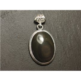 n60 - Ciondolo in argento 925 e pietra - Ovale con occhio celeste di ossidiana arcobaleno 28x21mm 