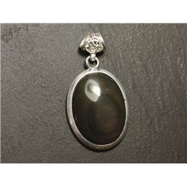 n60 - Pendentif Argent 925 et Pierre - Obsidienne Arc en Ciel Oeil Céleste Ovale 28x21mm 