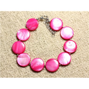 Bracelet Argent 925 et Nacre Palets 15mm Rose Fuchsia 