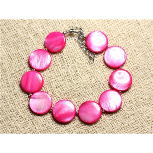 Bracelet Argent 925 et Nacre Palets 15mm Rose Fuchsia 