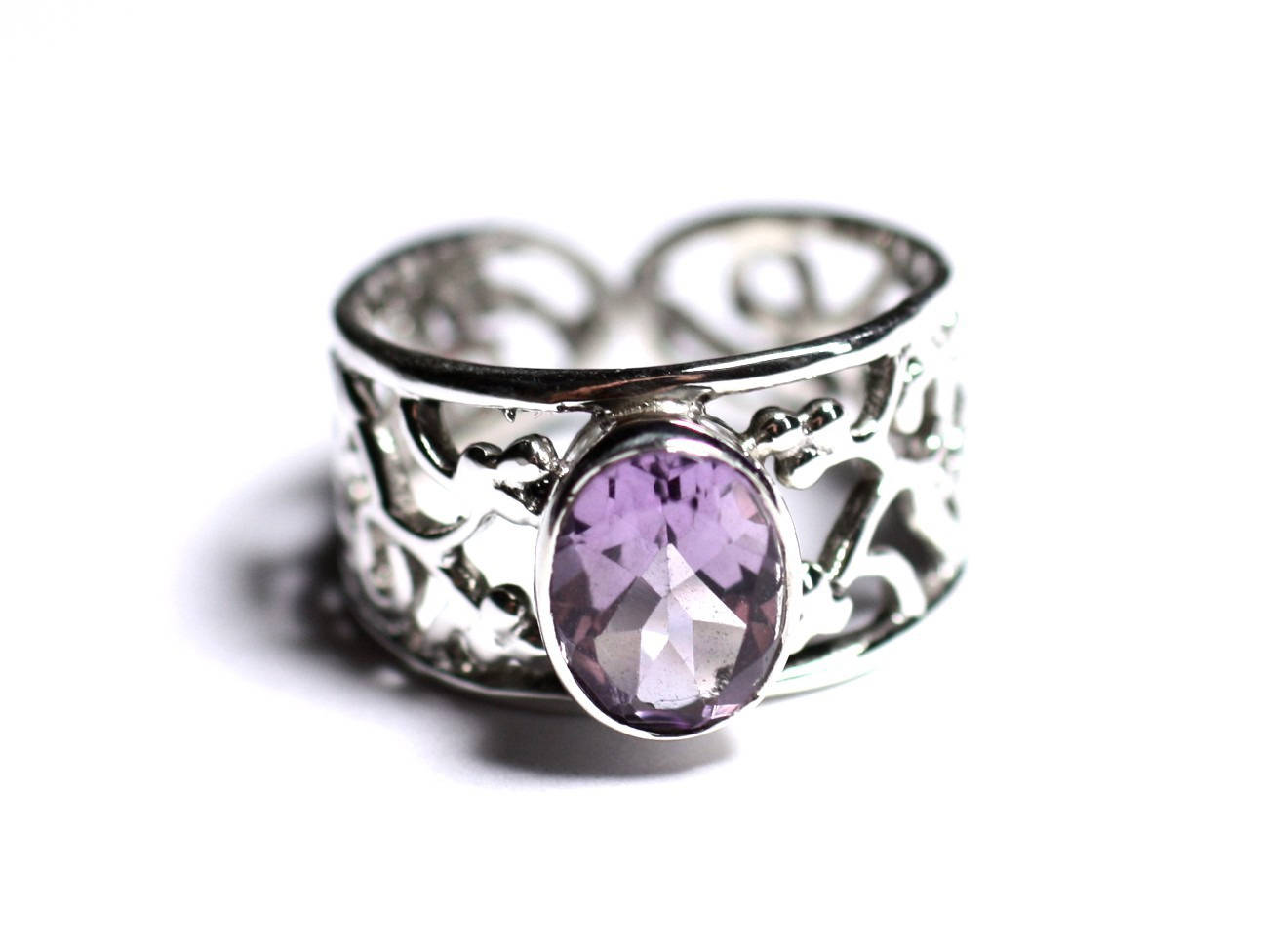 N224 - Bague Argent 925 et Pierre - Améthyste Facettée Ovale 9x7mm 