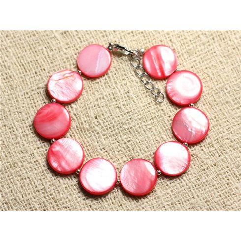 Bracelet Argent 925 et Nacre Palets 15mm Rose Corail Pêche 