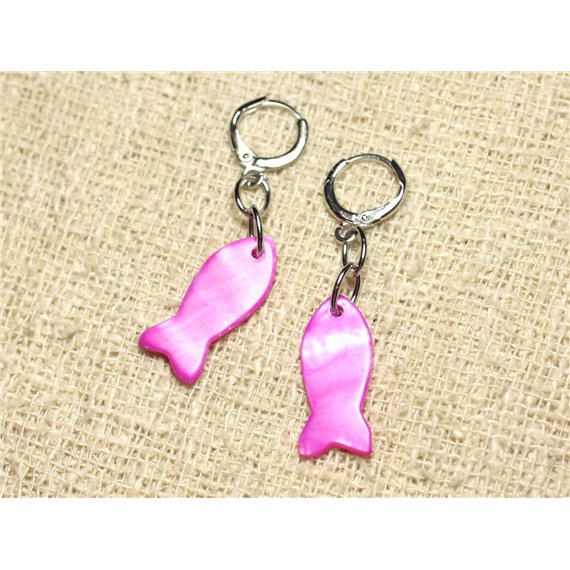 Boucles d'Oreilles Nacre Poissons 23mm Violet Rose Fuchsia 