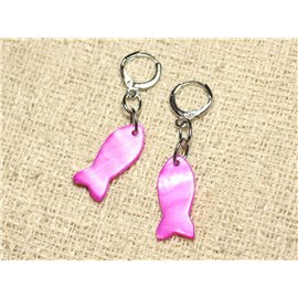 Mother of Pearl Fish Earrings 23mm Purple Pink Fuchsia 