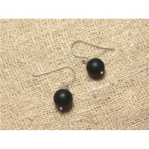 Boucles d'Oreilles Argent 925 et Pierre - Onyx Noir Mat 10mm