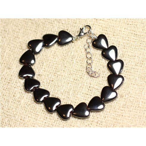 Bracelet Argent 925 et Pierre - Hématite Coeurs 10mm 