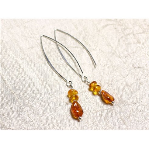 Boucles d'oreilles argent 925 Longs crochets et Ambre naturelle 5-9mm 